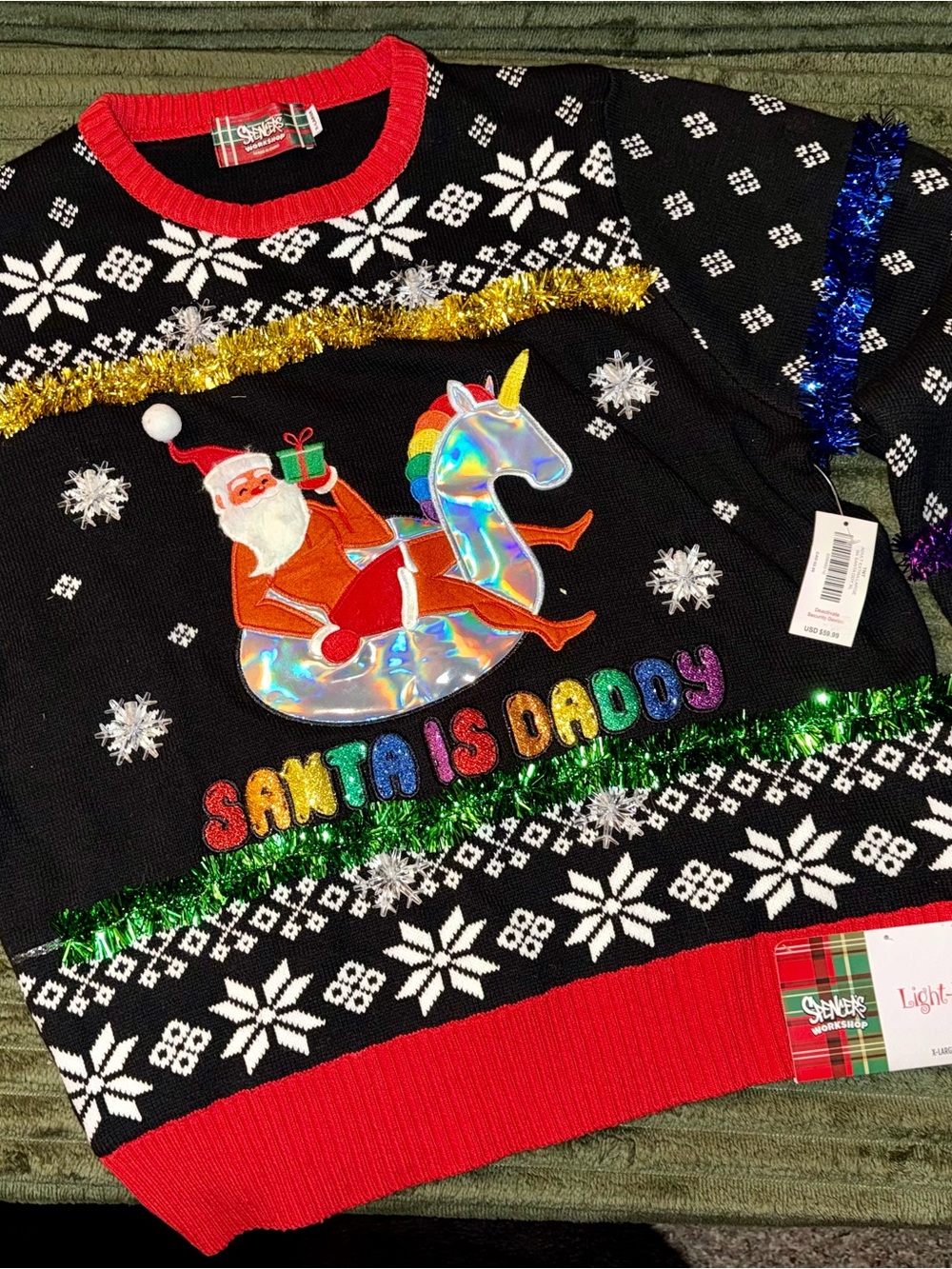 Spencer’s Workshop “Santa Is Daddy” Light-Up Ugly Christmas Sweater XL NWT
